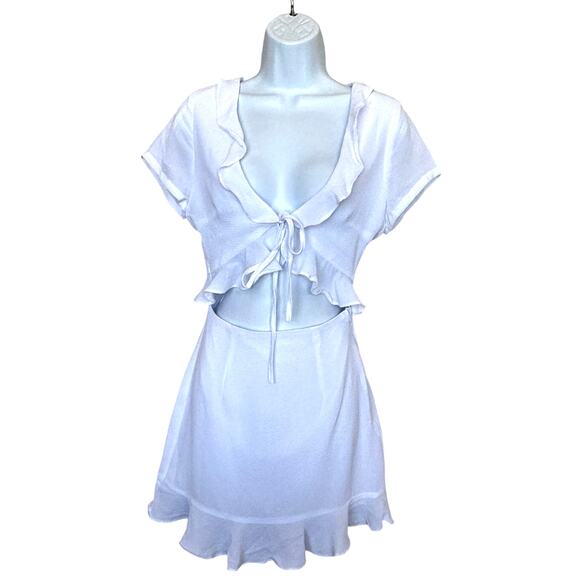 Revolve White Ruffle Tie Mini Dress XS Mia Cutout Waist Y2K More to Come $72 NEW - Picture 4 of 7